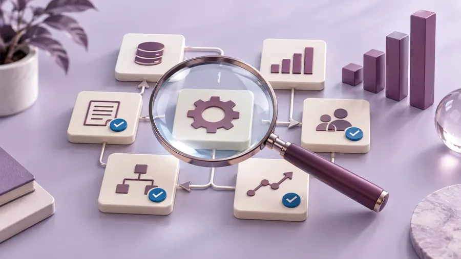 Magnifying lens reviewing workflow tiles and performance indicators